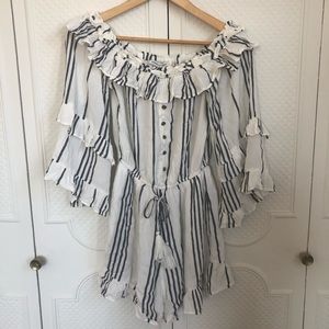 BNWOT White/Blue Striped Ruffle Romper